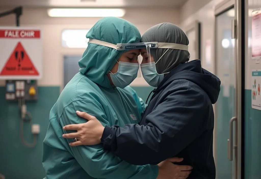 A shot of the two leads embracing in their quarantine facility