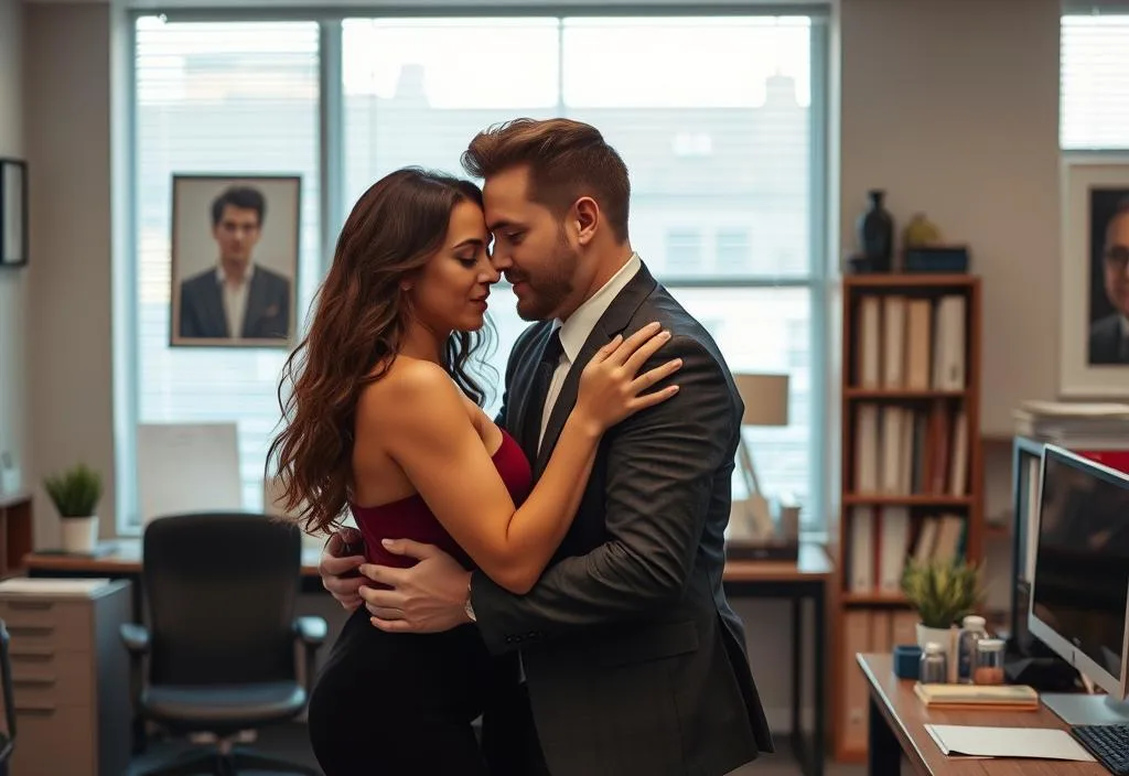 A shot of the two leads in a sensual pose in the office