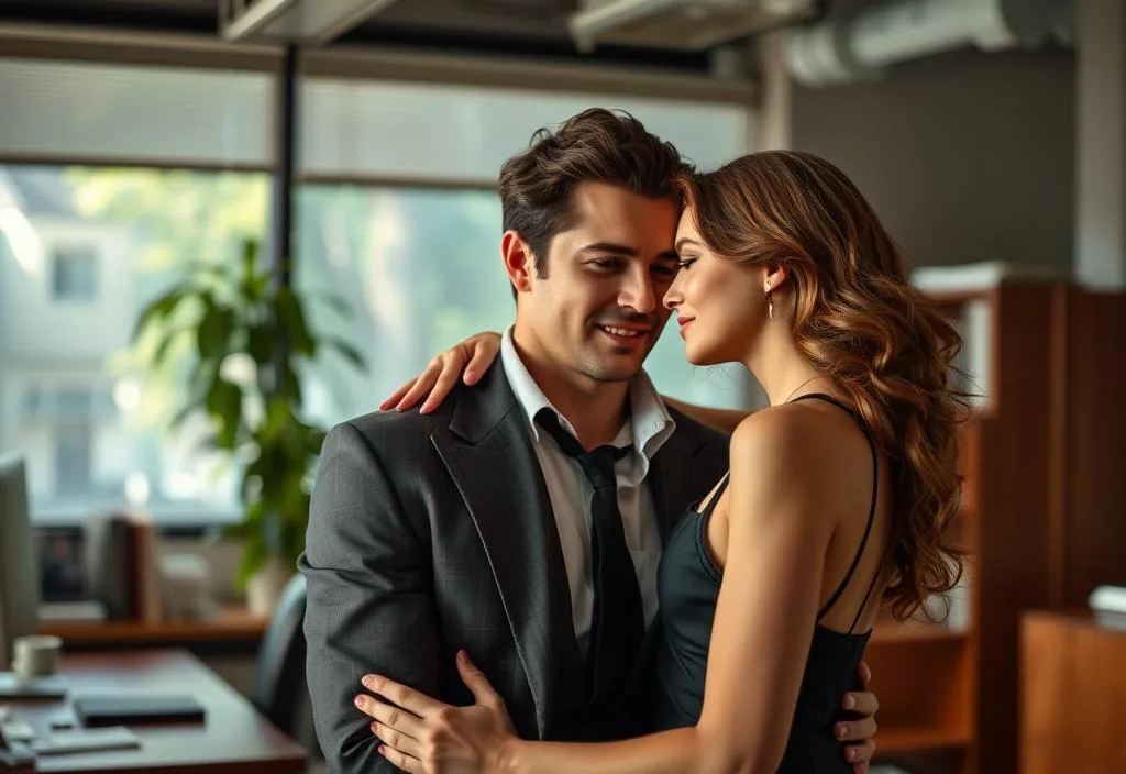 A shot of the two leads in a sensual pose in the office