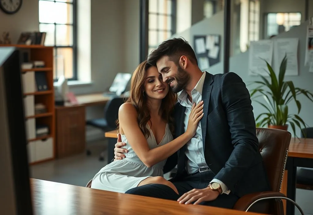 A shot of the two leads in a sensual pose in the office