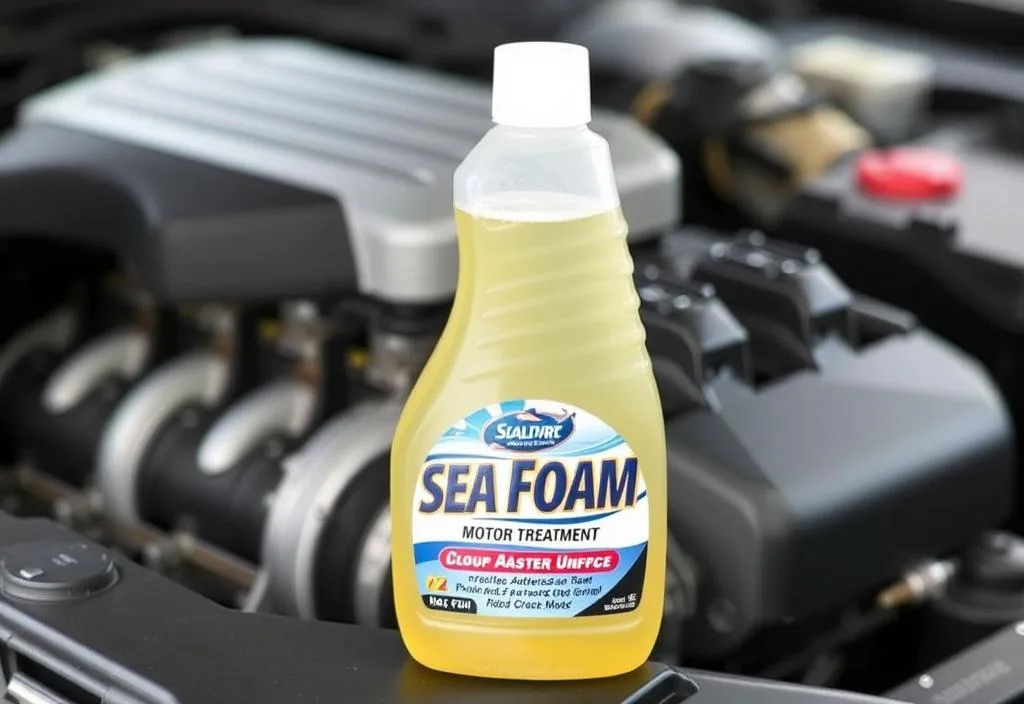 A bottle of Sea Foam Motor Treatment with a car engine in the background