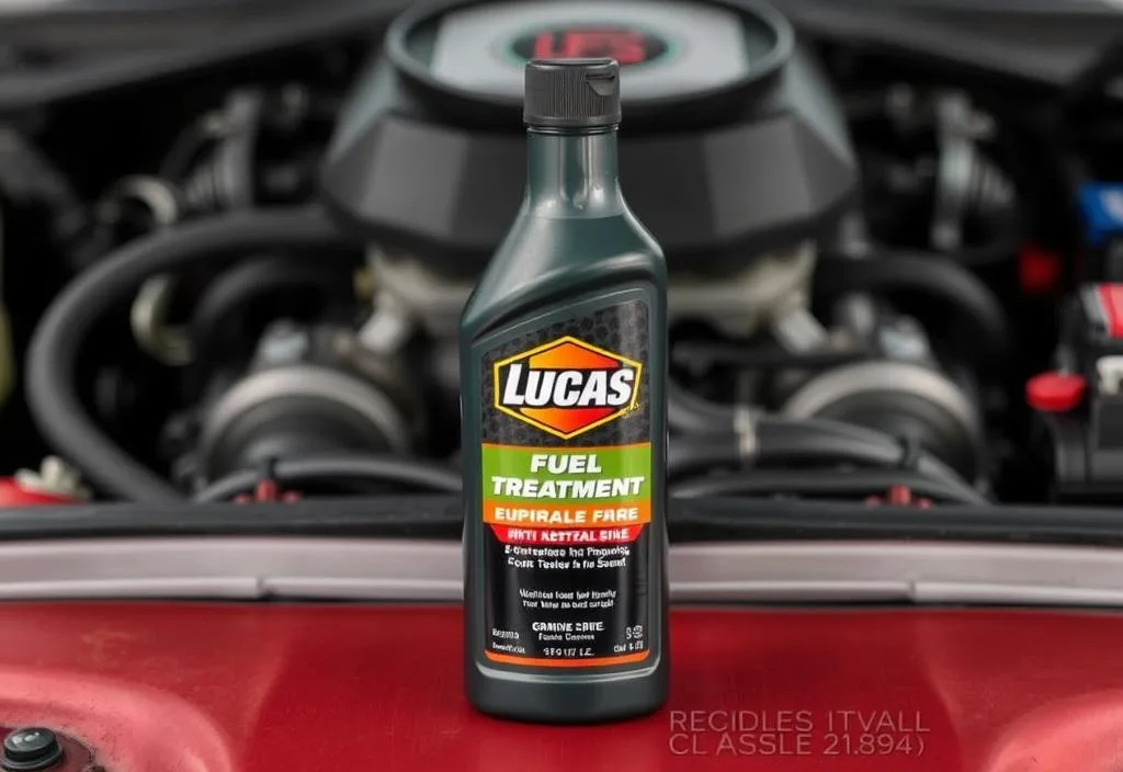 A bottle of Lucas Fuel Treatment with a car engine in the background