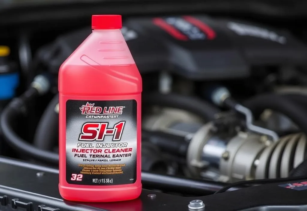 A bottle of Red Line SI-1 Fuel Injector Cleaner with a car engine in the background