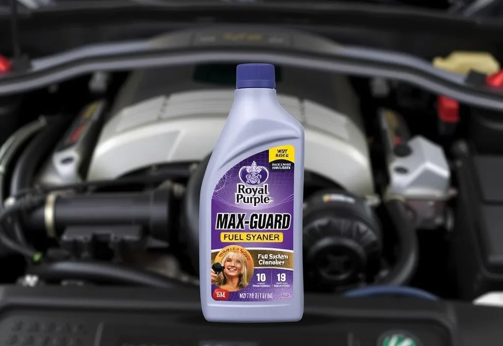 A bottle of Royal Purple Max-Guard Fuel System Cleaner with a car engine in the background