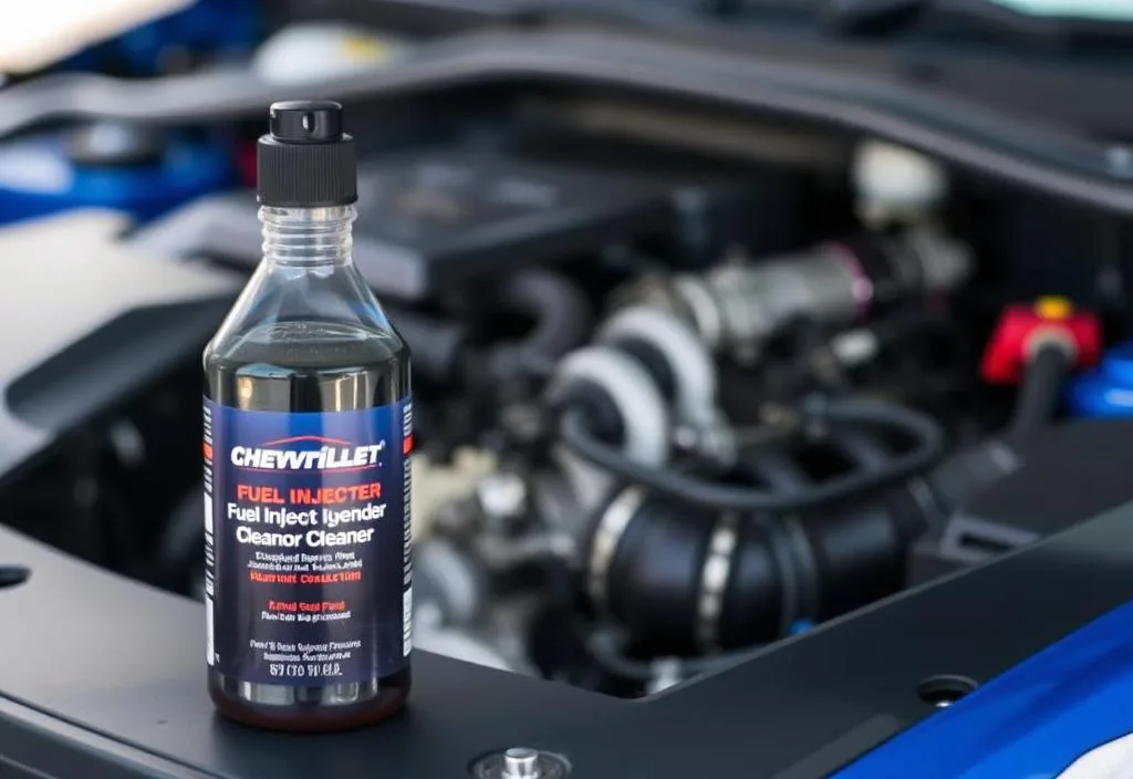 A bottle of Chevrilet Fuel Injector Cleaner with a car engine in the background