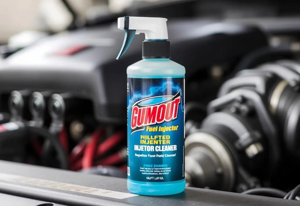 A bottle of Gumout Fuel Injector Cleaner with a car engine in the background