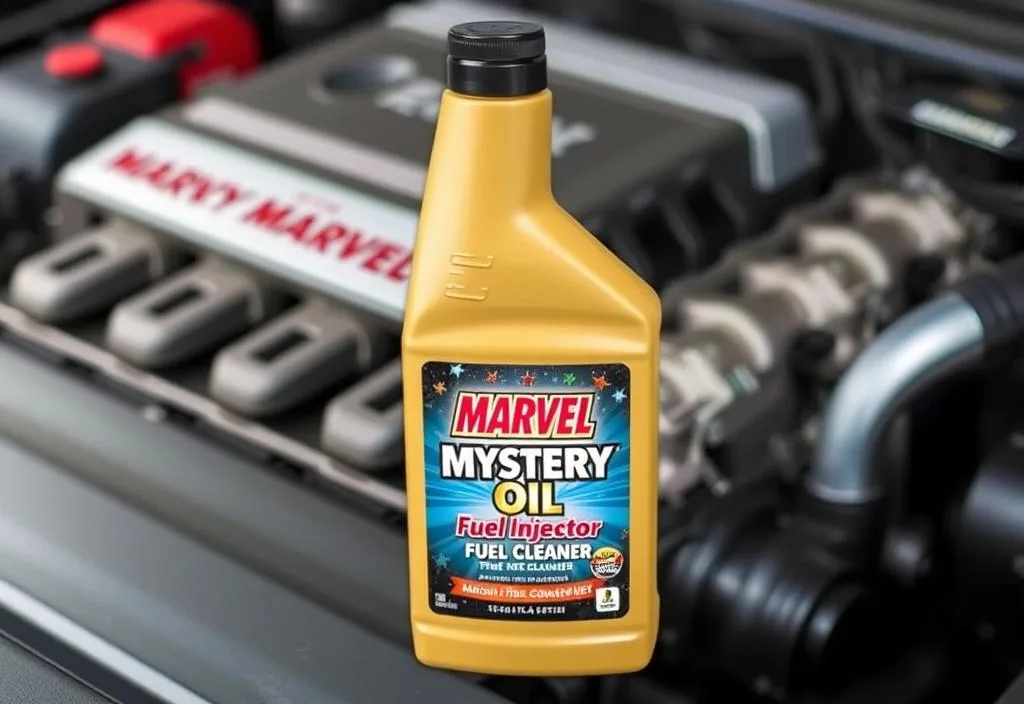 A bottle of Marvel Mystery Oil Fuel Injector Cleaner with a car engine in the background