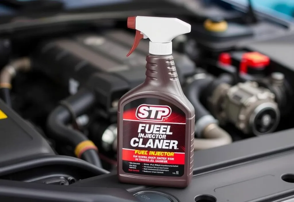 A bottle of STP Fuel Injector Cleaner with a car engine in the background