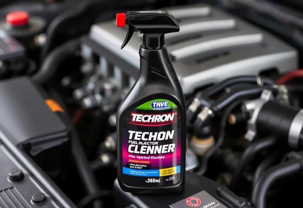 A bottle of Techron Fuel Injector Cleaner with a car engine in the background