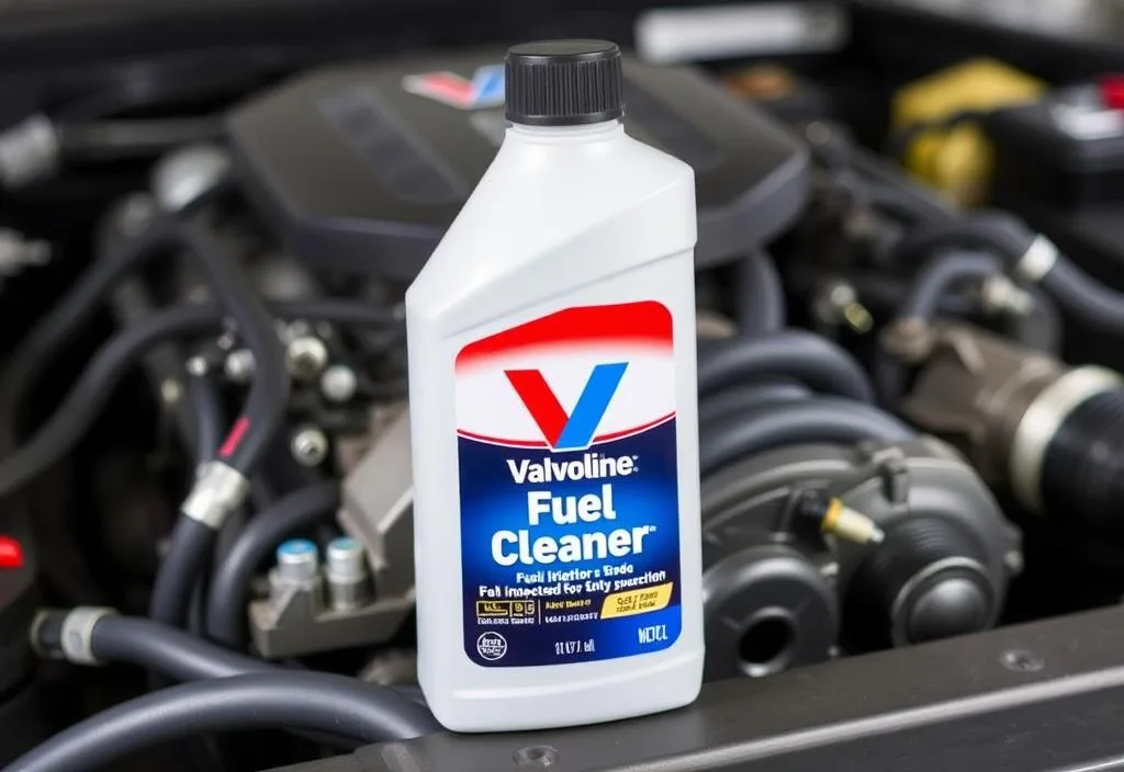 A bottle of Valvoline Fuel Injector Cleaner with a car engine in the background