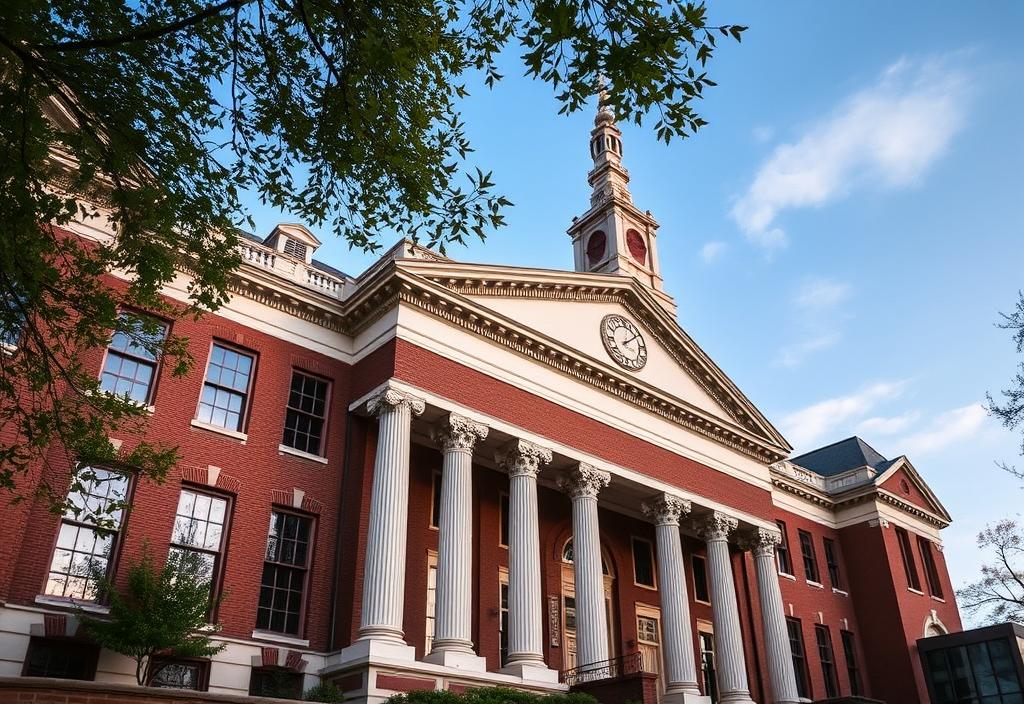 A photo of the Harvard Law School building