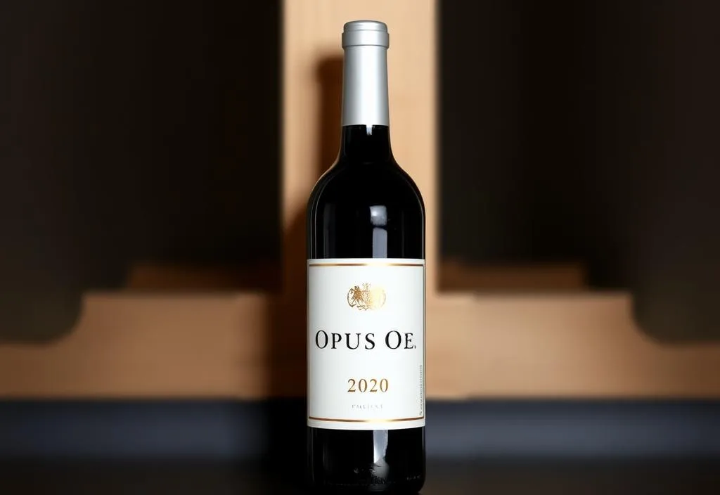 A bottle of Opus One 2020 wine with a sleek, modern label