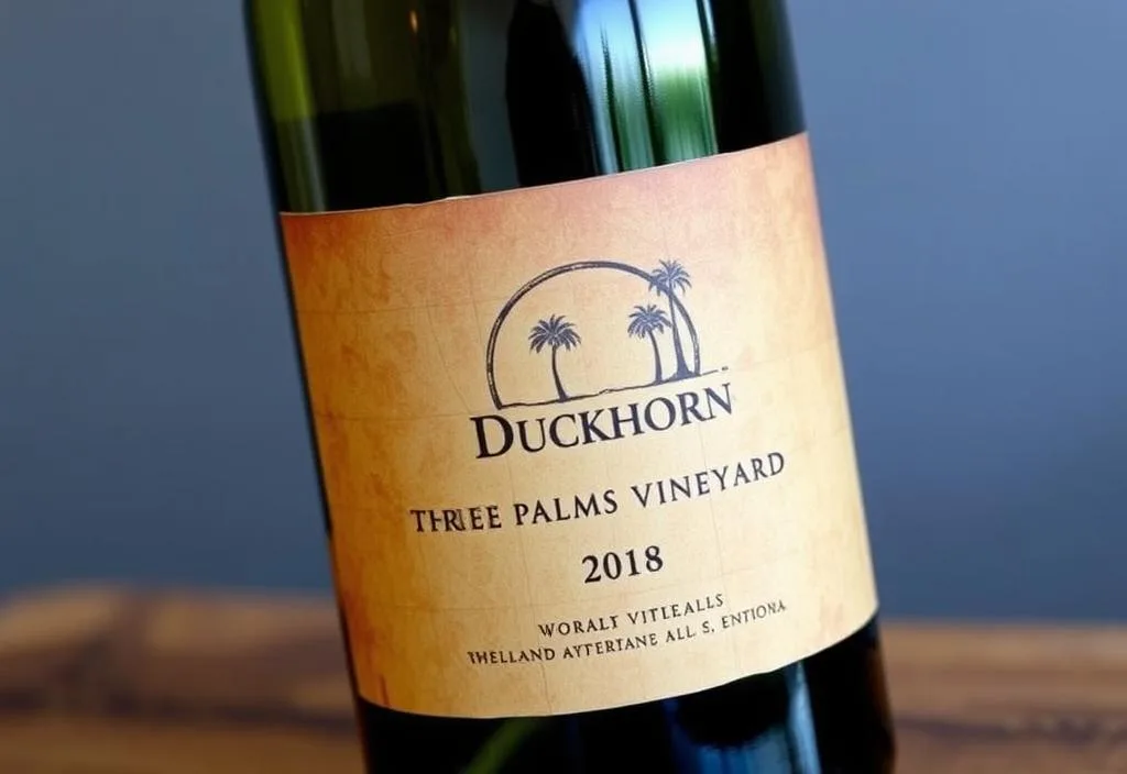 A bottle of Duckhorn Vineyards Three Palms Vineyard 2018 wine with a rustic, earthy label