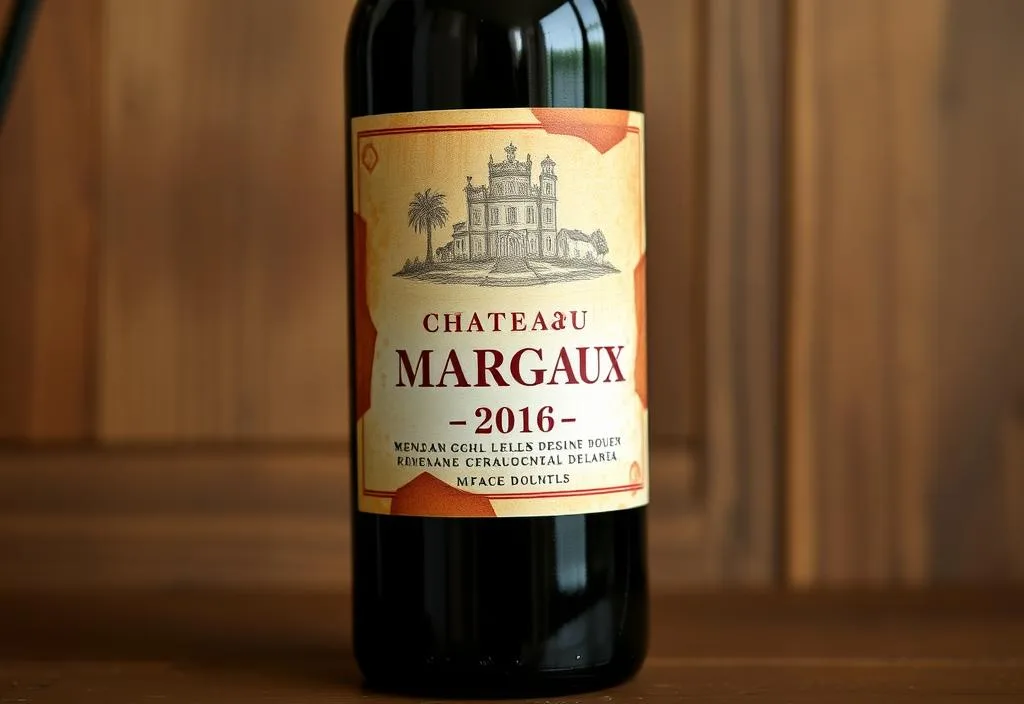 A bottle of Chateau Margaux 2016 wine with a rustic, earthy label