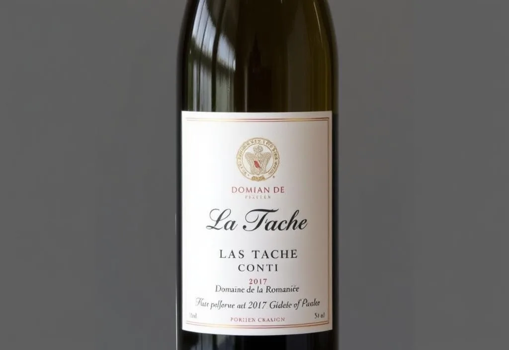 A bottle of Domaine de la Romanee-Conti La Tache 2017 wine with a sleek, modern label