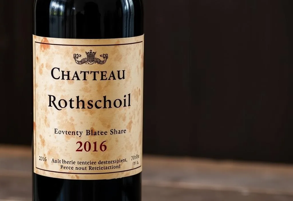 A bottle of Chateau Mouton Rothschild 2016 wine with a rustic, earthy label