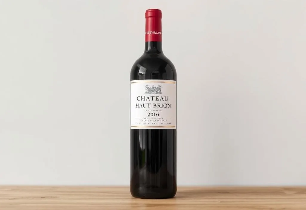 A bottle of Chateau Haut-Brion 2016 wine with a sleek, modern label