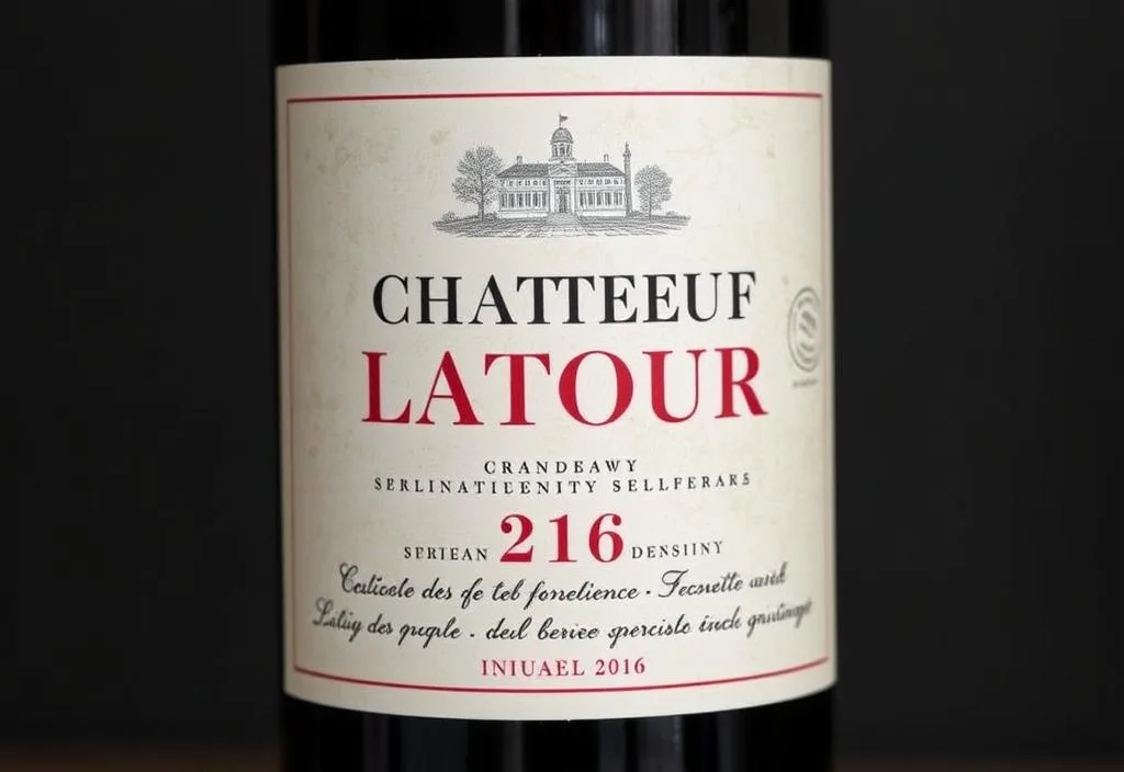 A bottle of Chateau Latour 2016 wine with a rustic, earthy label