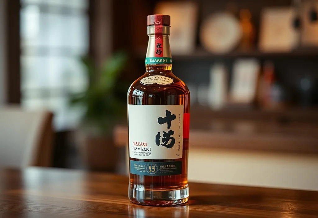 A bottle of Suntory Yamazaki whiskey on a wooden table