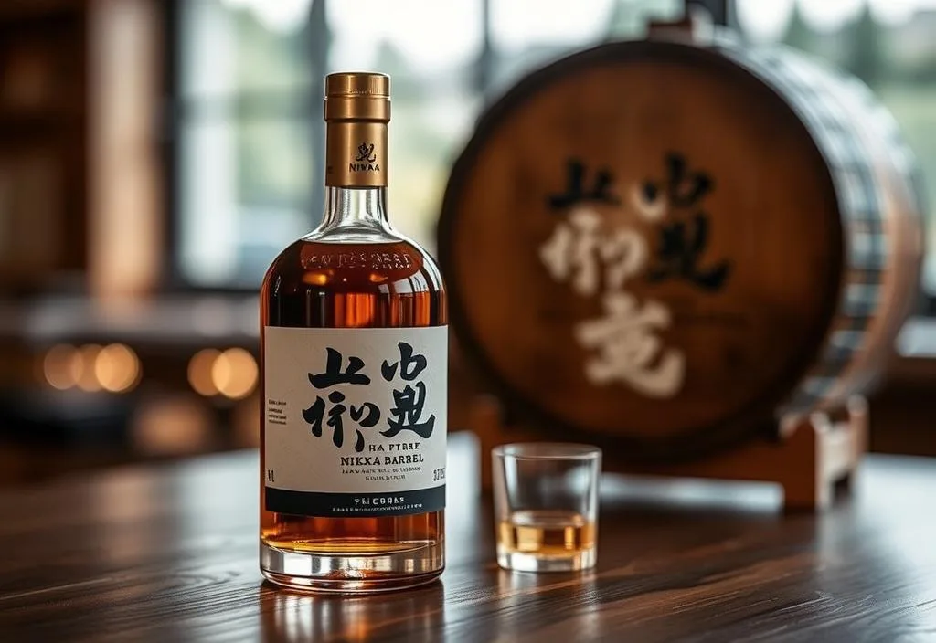 A bottle of Nikka From The Barrel whiskey on a wooden table