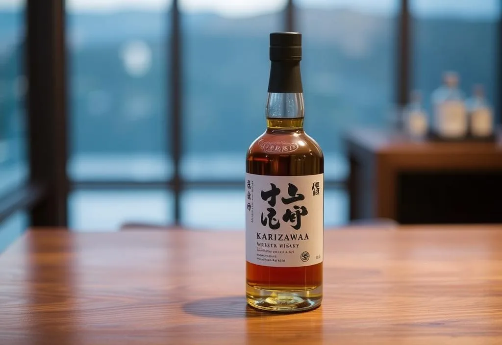 A bottle of Karuizawa whiskey on a wooden table