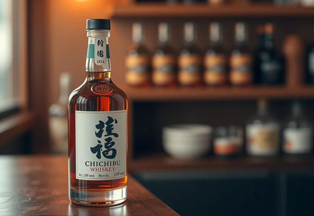 A bottle of Chichibu whiskey on a wooden table