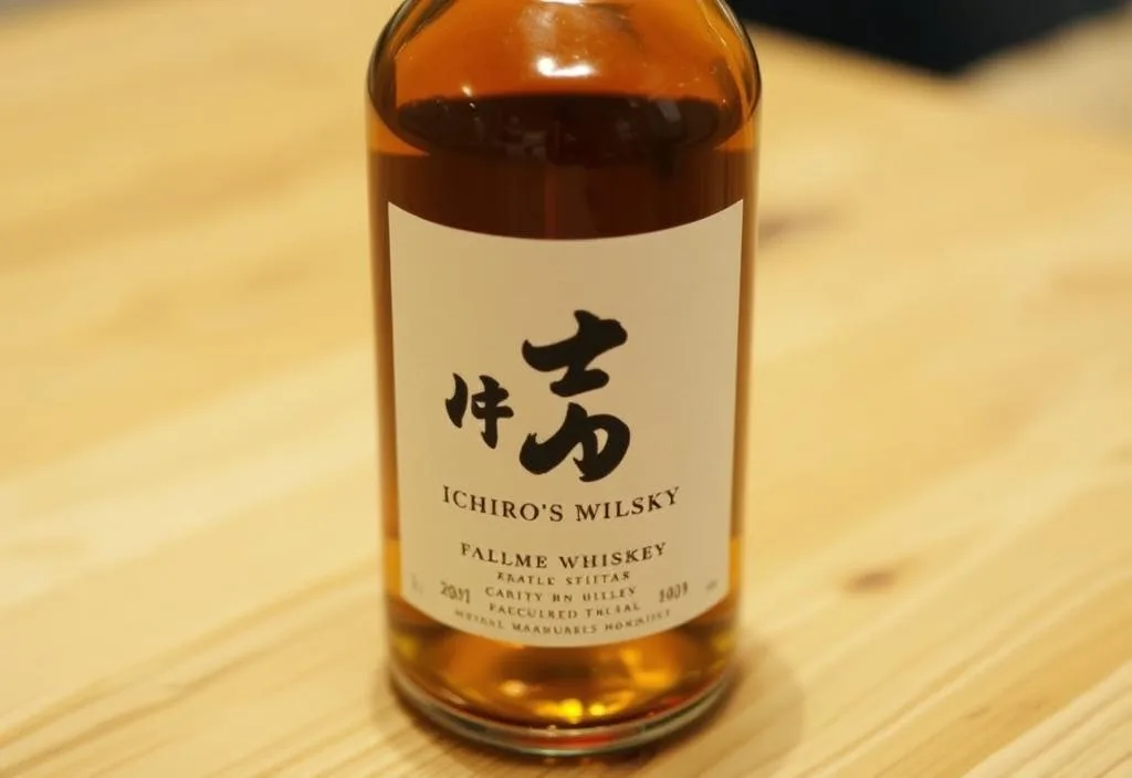 A bottle of Ichiro's Malt whiskey on a wooden table