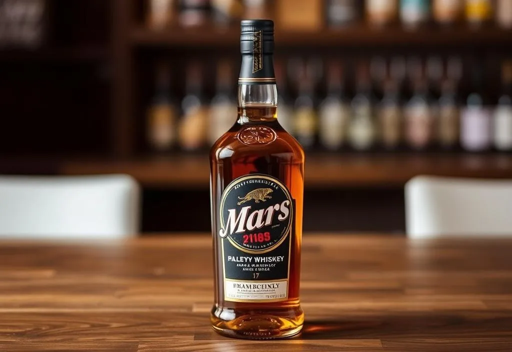 A bottle of Mars whiskey on a wooden table