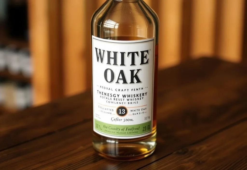 A bottle of White Oak whiskey on a wooden table