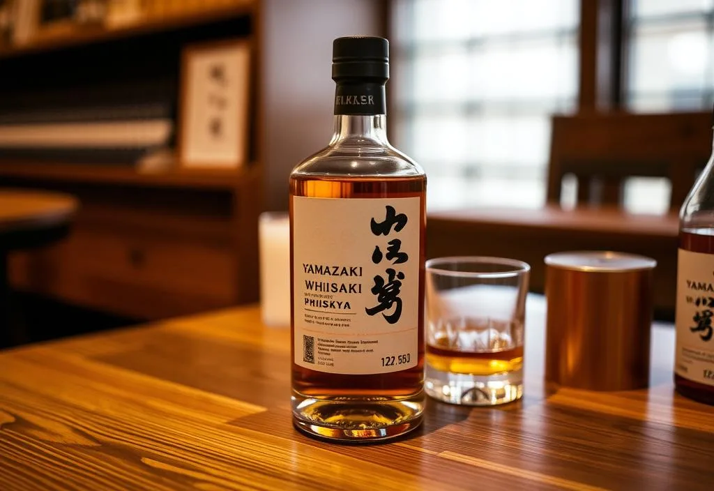 A bottle of Yamazaki whiskey on a wooden table