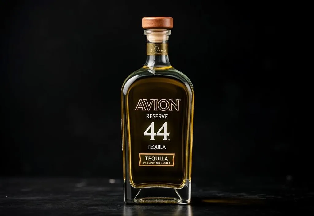 A bottle of Avion Reserva 44 tequila on a dark background