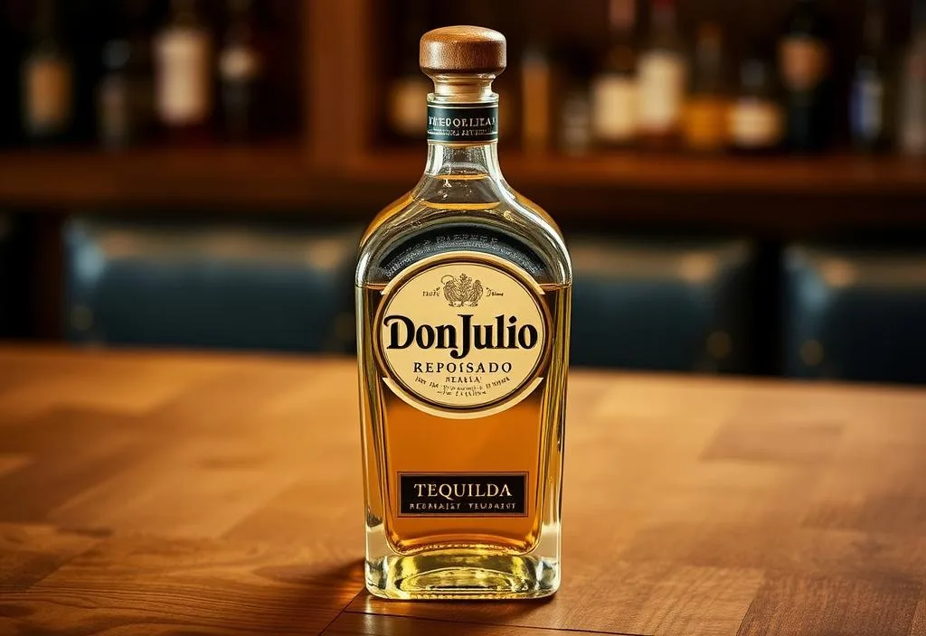 A bottle of Don Julio Reposado tequila on a wooden table