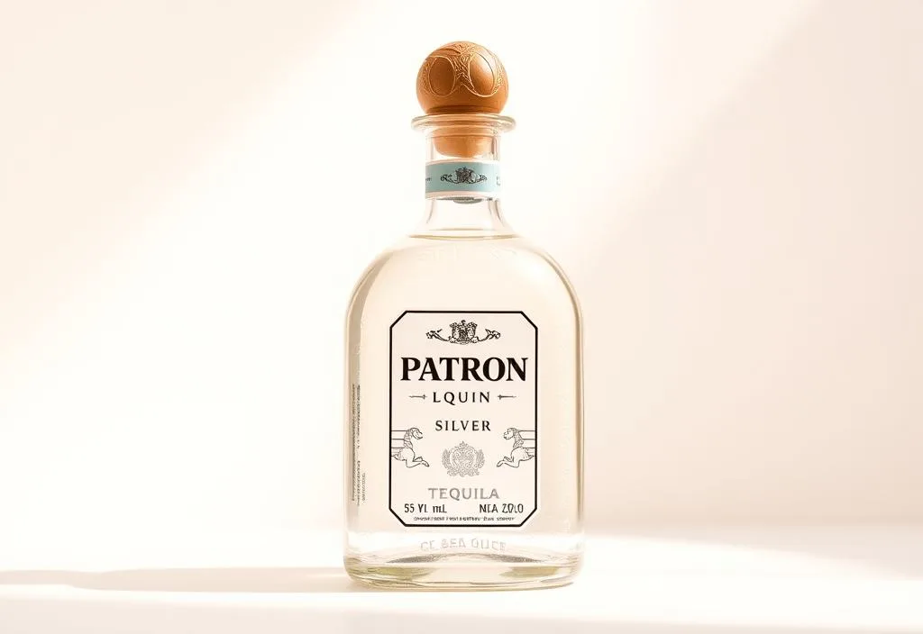 A bottle of Patron Silver tequila on a light background