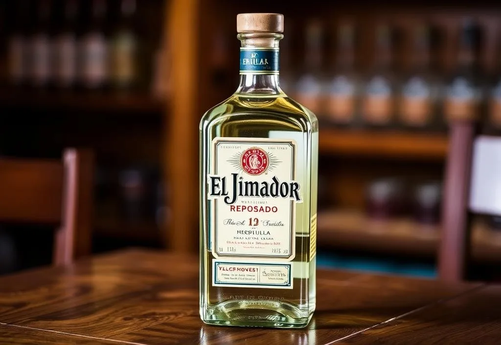 A bottle of El Jimador Reposado tequila on a wooden table