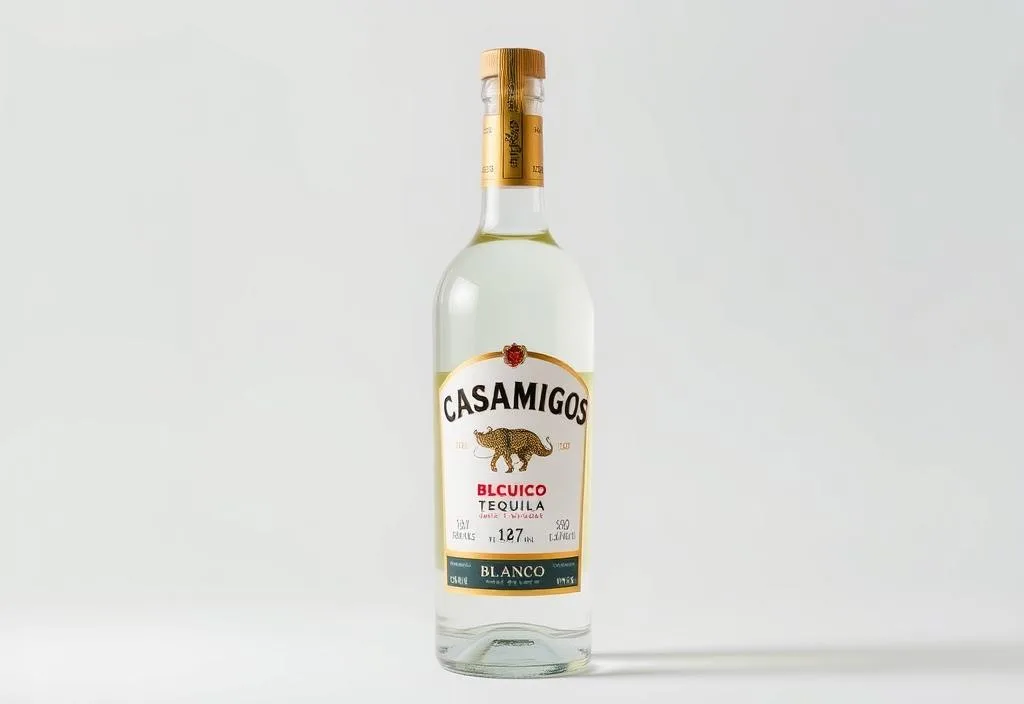 A bottle of Casamigos Blanco tequila on a light background