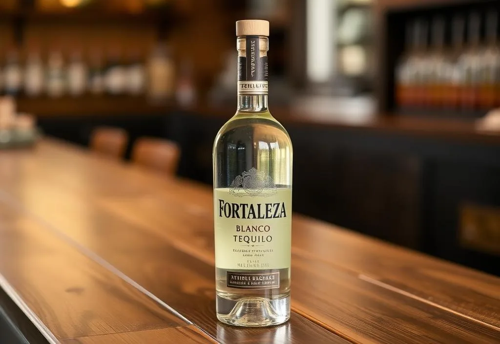 A bottle of Fortaleza Blanco tequila on a wooden table