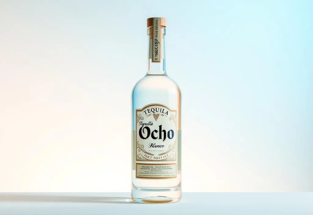 A bottle of Tequila Ocho Blanco tequila on a light background