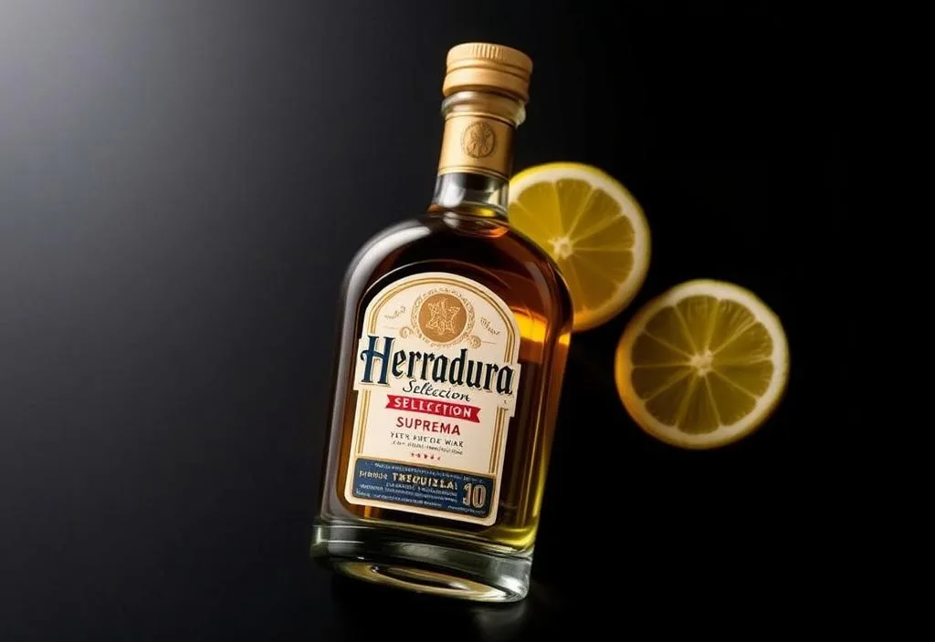 A bottle of Herradura Seleccion Suprema tequila on a dark background