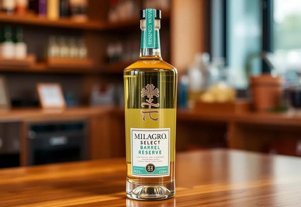 A bottle of Milagro Select Barrel Reserve tequila on a wooden table