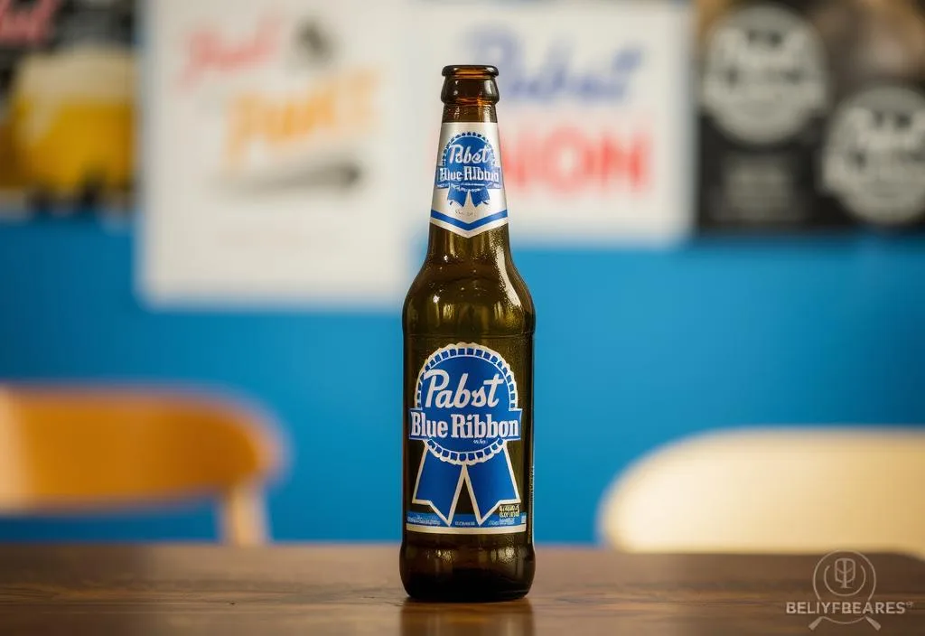 A Pabst Blue Ribbon beer bottle on a table