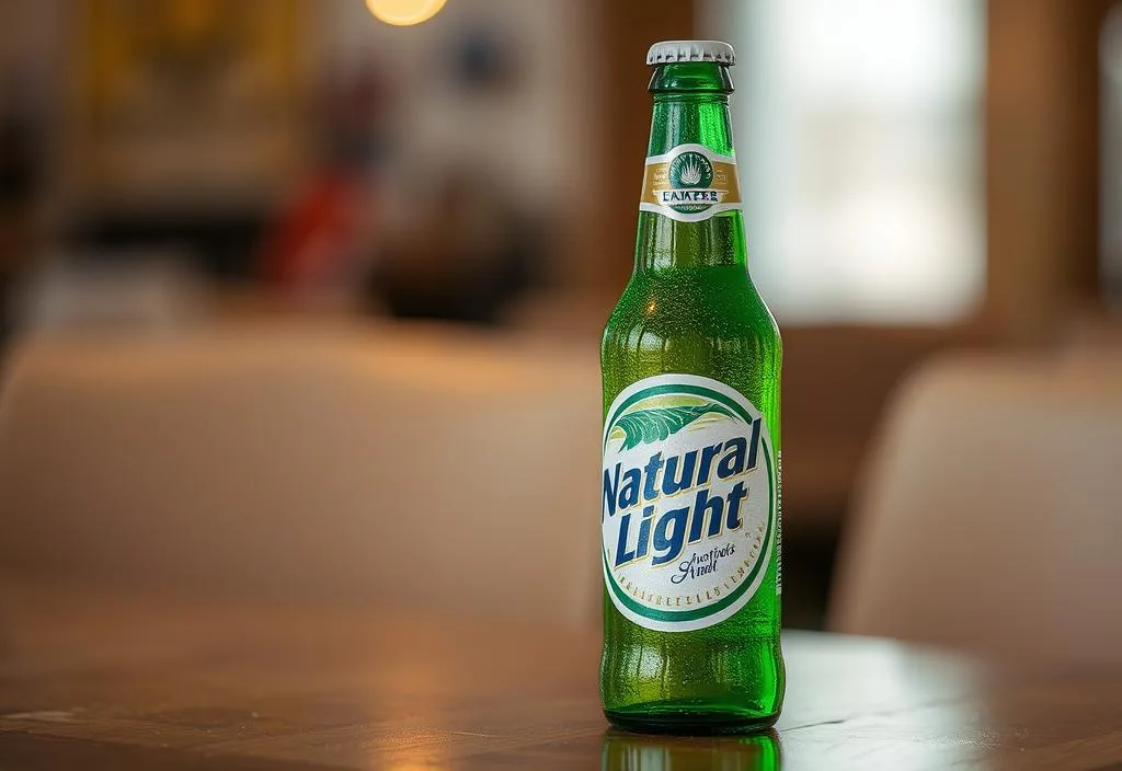 A Natural Light beer bottle on a table