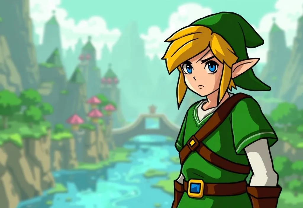 A screenshot of Link in A Link Between Worlds, with a background of the game's world