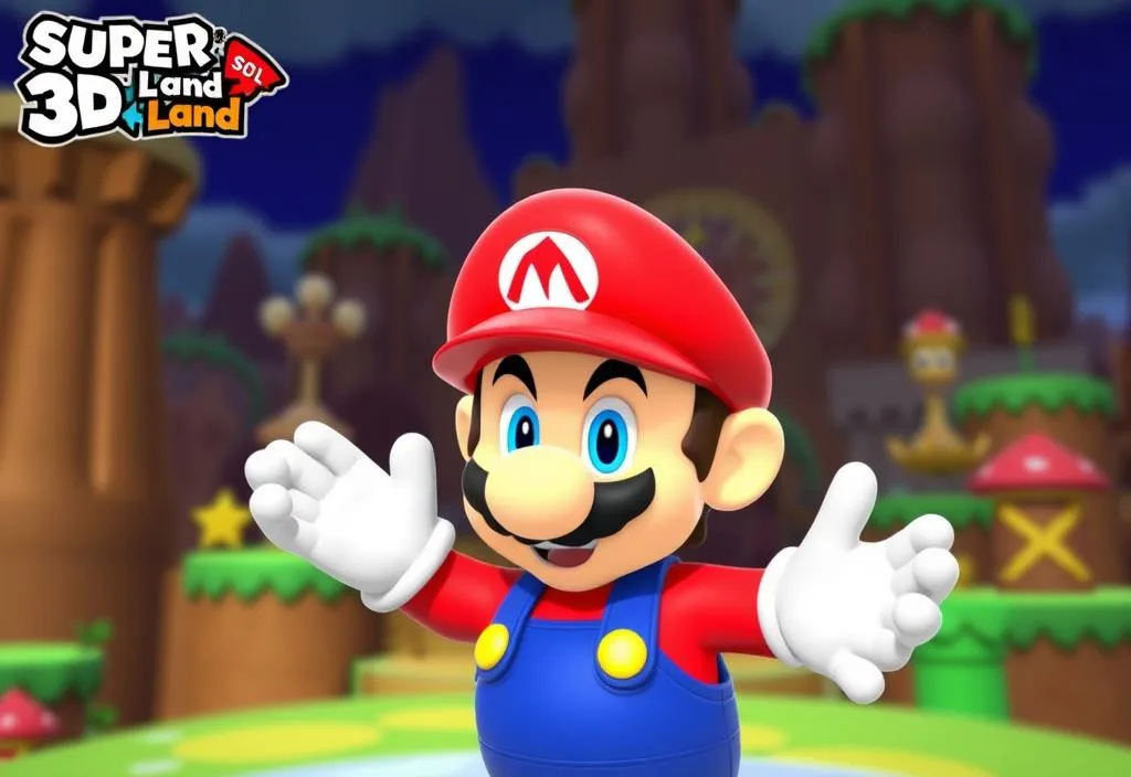 A screenshot of Mario in Super Mario 3D Land, with a background of the game's world