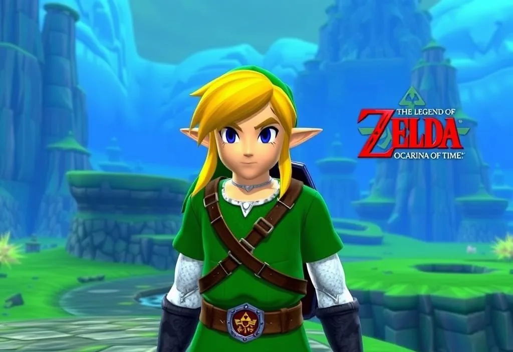 A screenshot of Link in The Legend of Zelda: Ocarina of Time 3D, with a background of the game's world