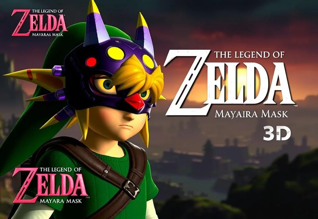 A screenshot of Link in The Legend of Zelda: Majora's Mask 3D, with a background of the game's world