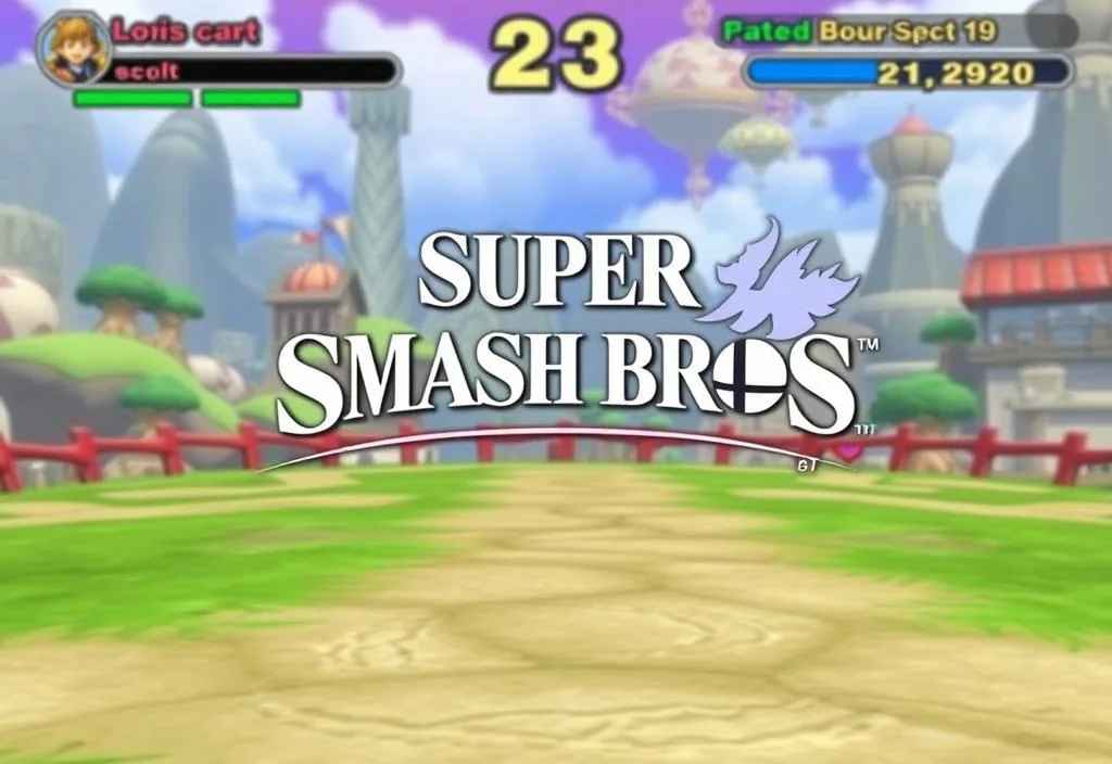 A screenshot of the Super Smash Bros. game, with a background of the game's world