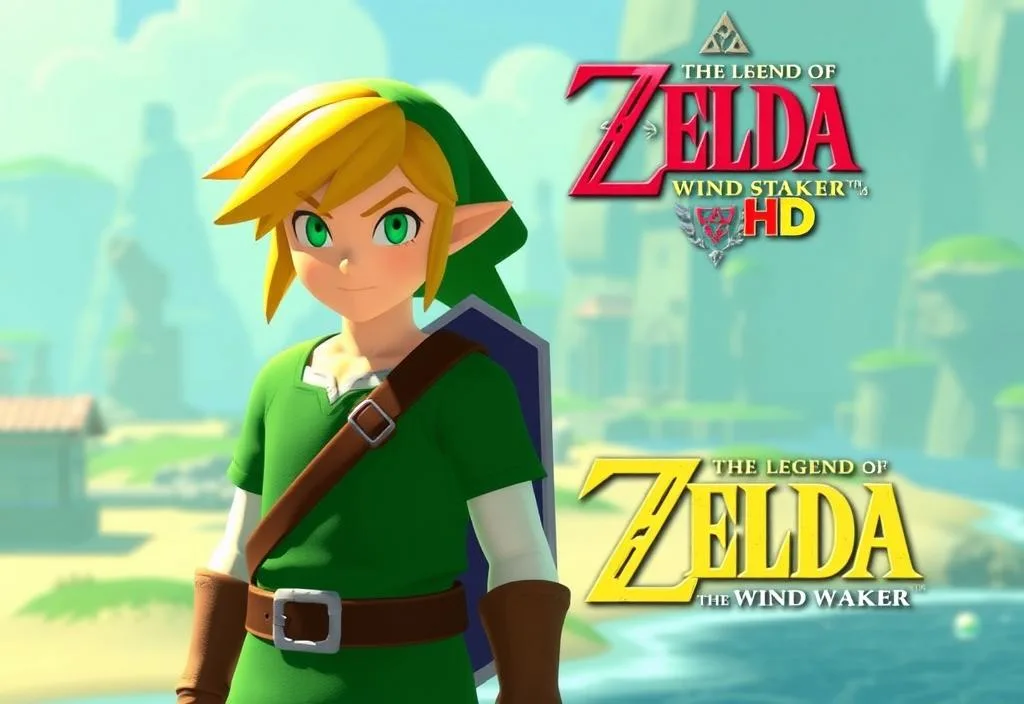 A screenshot of Link in The Legend of Zelda: The Wind Waker HD, with a background of the game's world