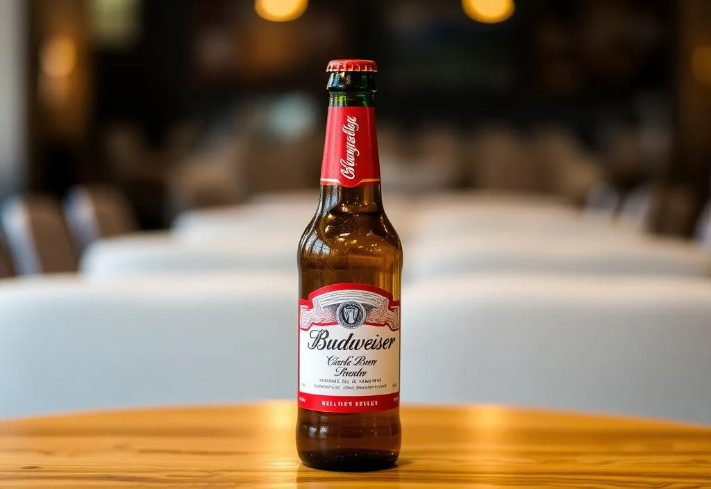 A Budweiser beer bottle on a table