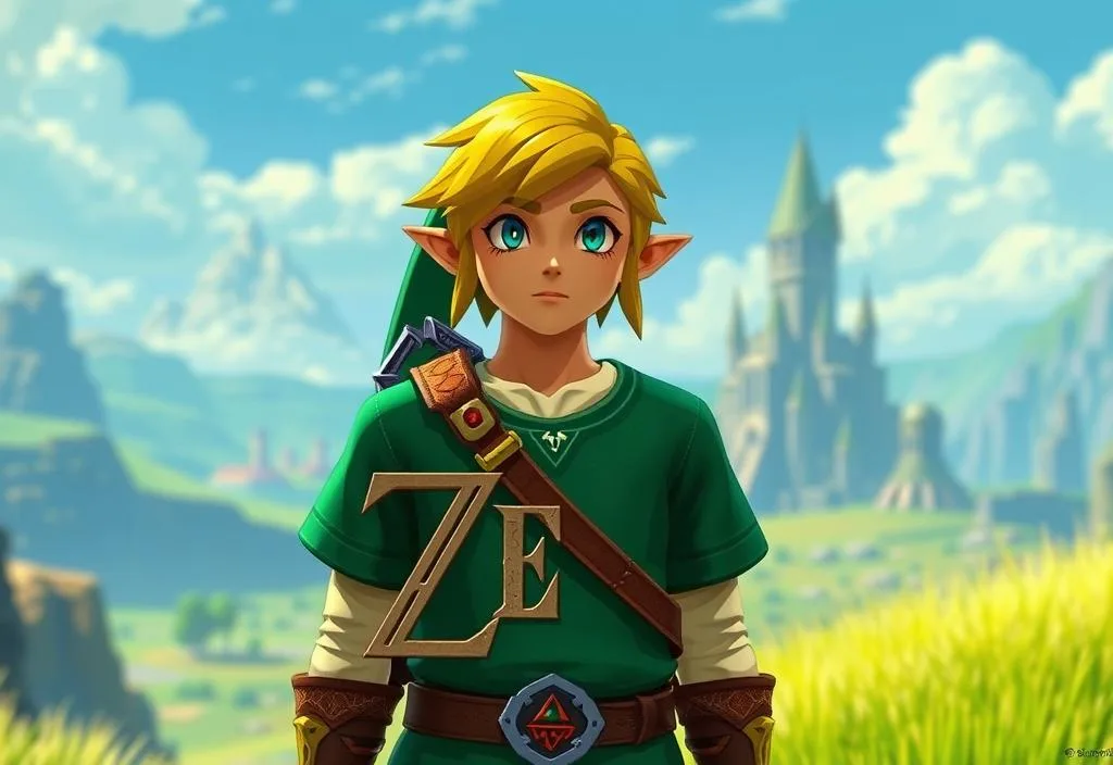 A screenshot of Link in The Legend of Zelda: The Great Prayer, with a background of the game's world