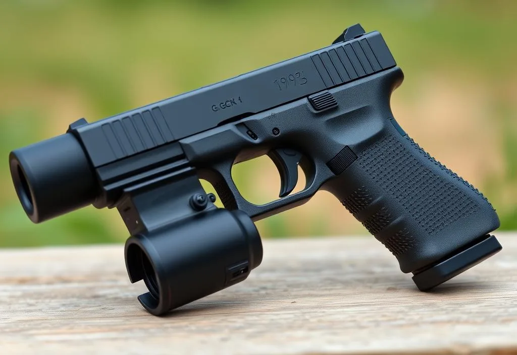 A Glock 19 Gen 5 handgun with a suppressor attached